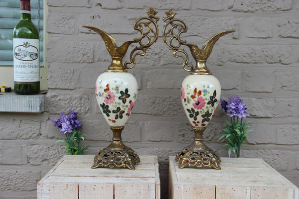 PAIR antique French faience Ewers vase with bird figurine floral decor