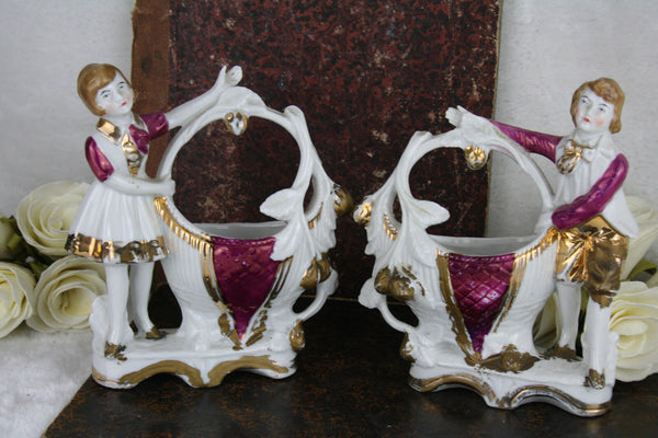 French porcelain pair figurines vases boy & girl basket form 1950's marked