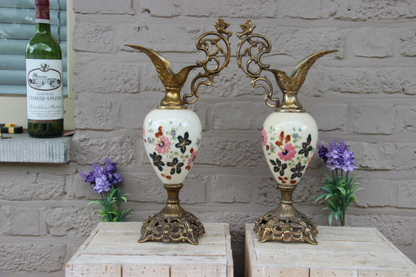 PAIR antique French faience Ewers vase with bird figurine floral decor