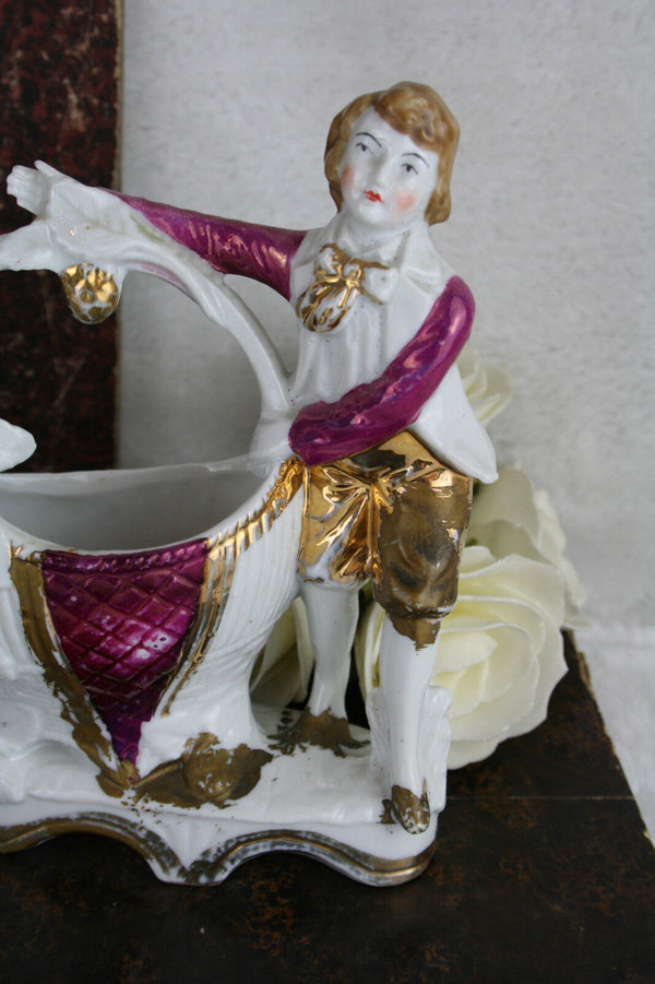 French porcelain pair figurines vases boy & girl basket form 1950's marked