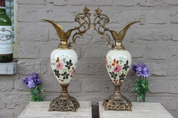 PAIR antique French faience Ewers vase with bird figurine floral decor