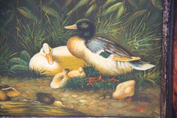 Gorgeous Oil panel painting ducks family animal on wood easel