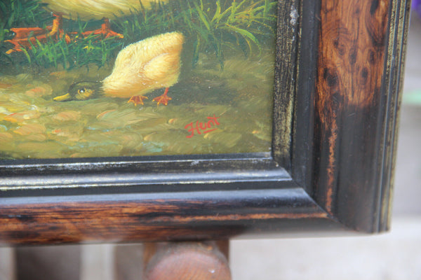 Gorgeous Oil panel painting ducks family animal on wood easel