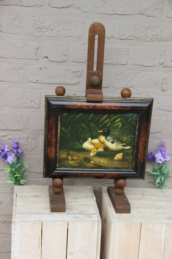 Gorgeous Oil panel painting ducks family animal on wood easel