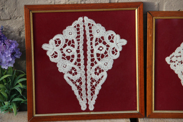 PAIR antique flemish BRUGES LACE Framed Works wall hanging