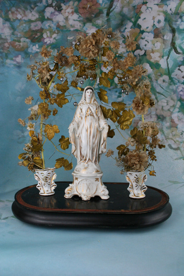 French VIEUX OLD PARIS MAdonna figurine victorian manner artsilk flowers vases