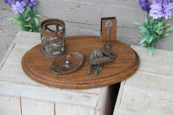 Rare antique bronze art deco smoking set dog ashtray on wood base