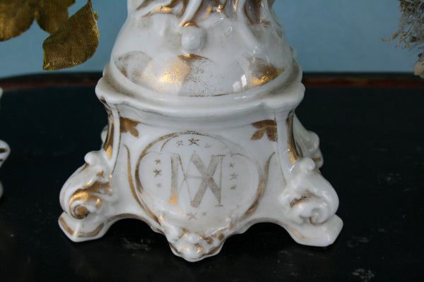 French VIEUX OLD PARIS MAdonna figurine victorian manner artsilk flowers vases