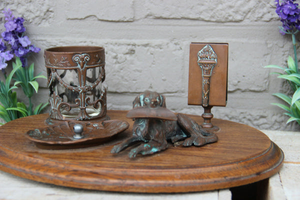 Rare antique bronze art deco smoking set dog ashtray on wood base