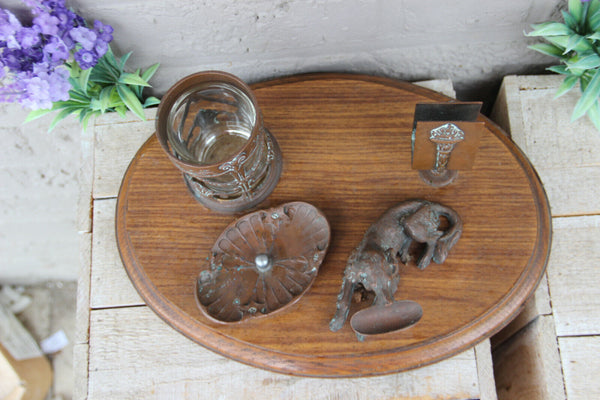 Rare antique bronze art deco smoking set dog ashtray on wood base