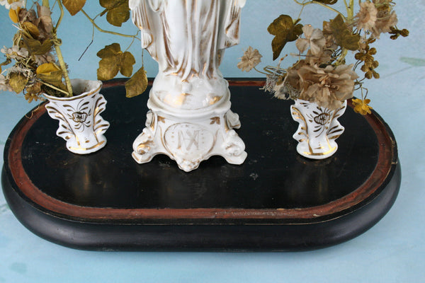 French VIEUX OLD PARIS MAdonna figurine victorian manner artsilk flowers vases