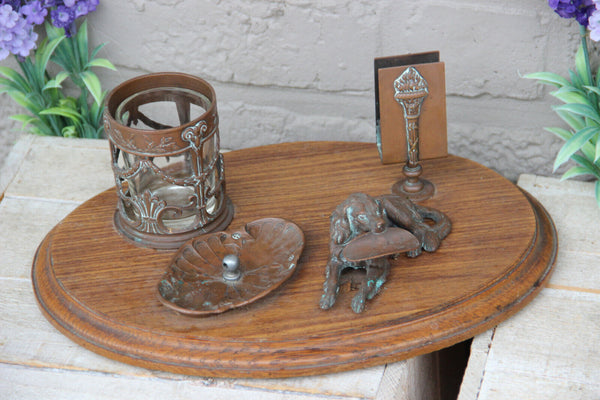 Rare antique bronze art deco smoking set dog ashtray on wood base