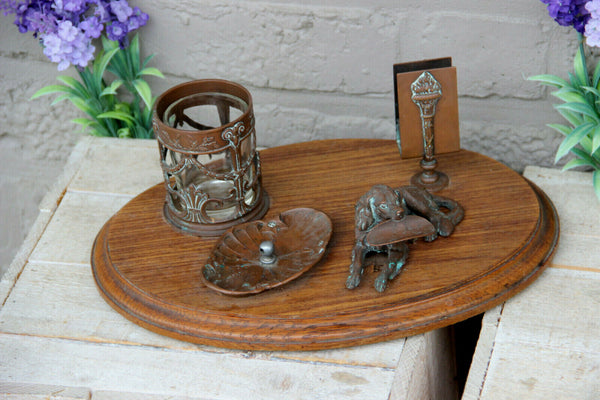 Rare antique bronze art deco smoking set dog ashtray on wood base