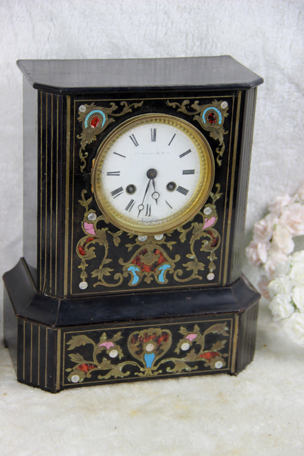 Antique Napoleon III  clock black lacquered inlaid 19thc