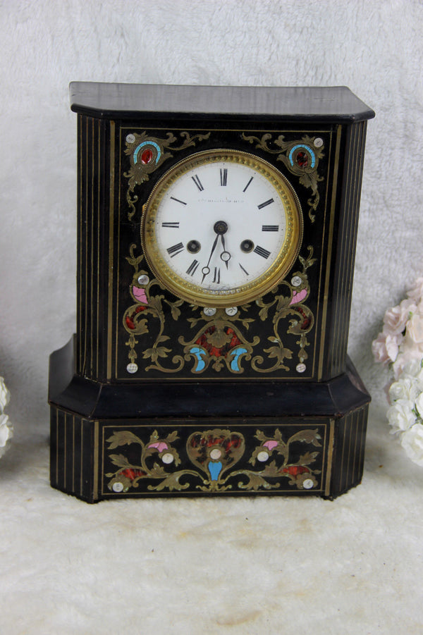 Antique Napoleon III  clock black lacquered inlaid 19thc