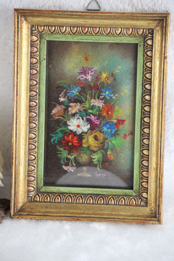 French Floral painting miniature portrait  still live 1960' signed