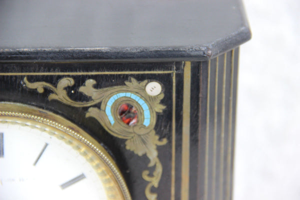 Antique Napoleon III  clock black lacquered inlaid 19thc