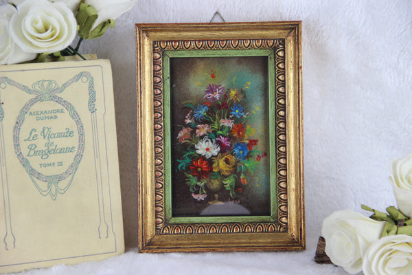 French Floral painting miniature portrait  still live 1960' signed