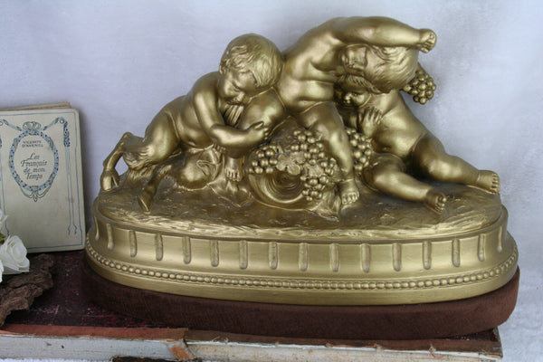 XL French signed Terracotta gold gilt putti faun satyr group sculpture statue