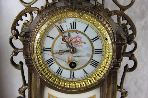 Antique Bronze Clock limoges putti porcelain plaques