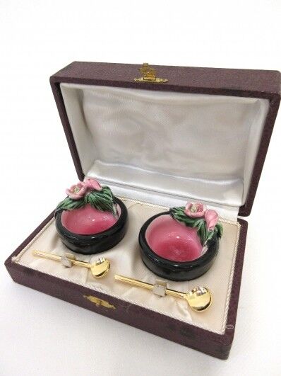 Cute French Vintage Salt pepper Condiment set faience roses in box w spoon 1960