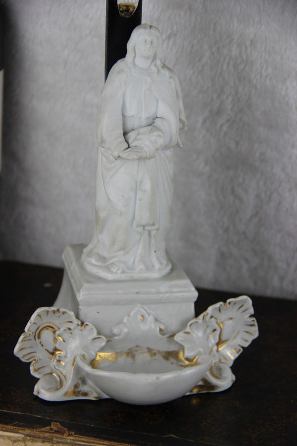 Antique German bisque porcelain Christ crucifix holy water font religious