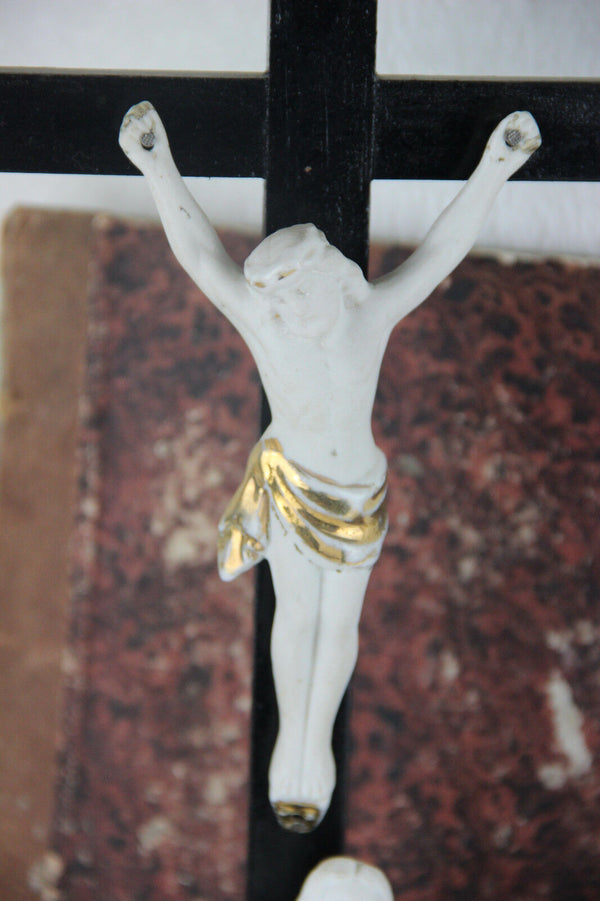 Antique German bisque porcelain Christ crucifix holy water font religious