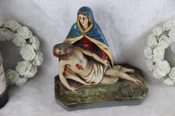 Antique Chalkware polychrome PIETA jesus christ statue religious group