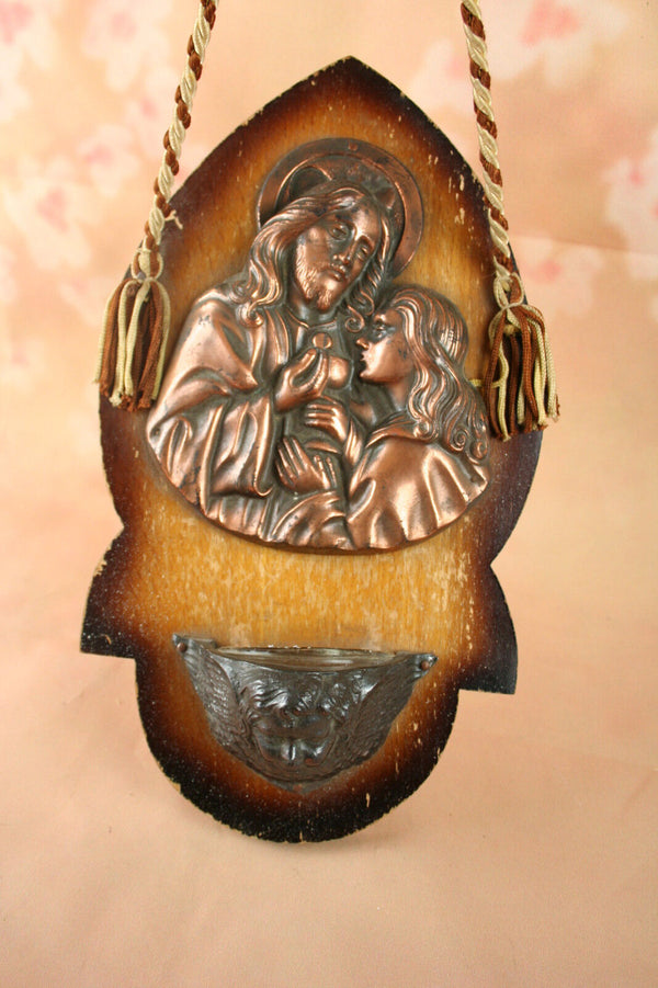 Flemish Belgian Holy water font vessel benitier wood metal glass christ