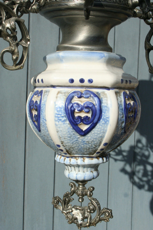 XL Dutch Delft blue white  pottery angels cherubs metal glass chandelier 3 arms