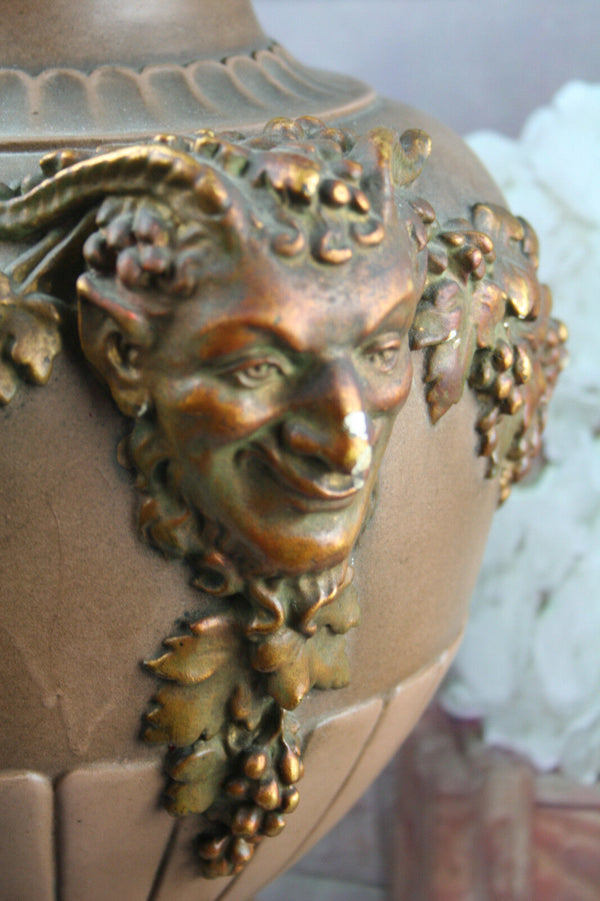 Antique French Plaster VASE Satyr head handles signed