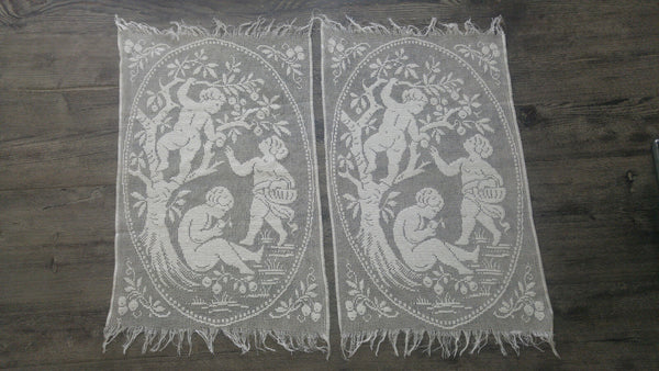 Vintage PAIR French table runner centerpiece putti cherubs angels cotton 60's