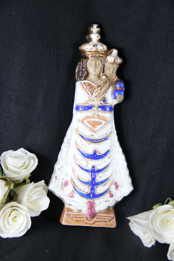 Ceramic 1950 Madonna religious figurine signed GEURIN polychrome