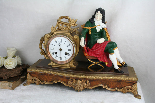 Vtg French spelter polychrome paint figurine clock wood rare unsual piece 1960's