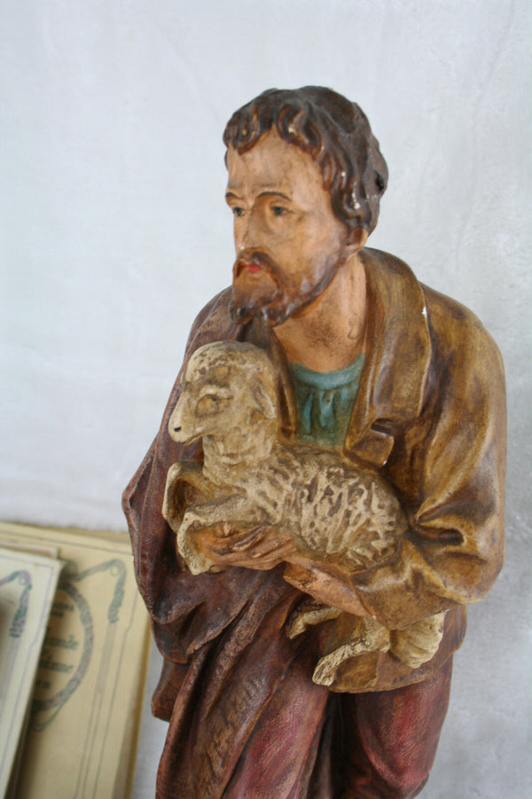 French XL antique saint statue religious 1900 Plaster polychrome marked