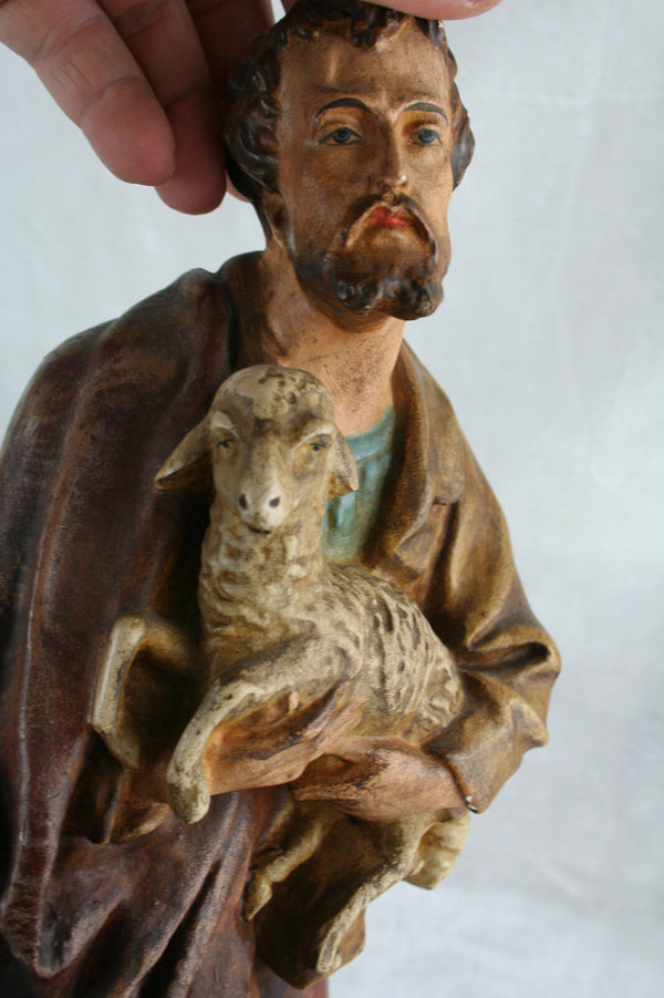 French XL antique saint statue religious 1900 Plaster polychrome marked