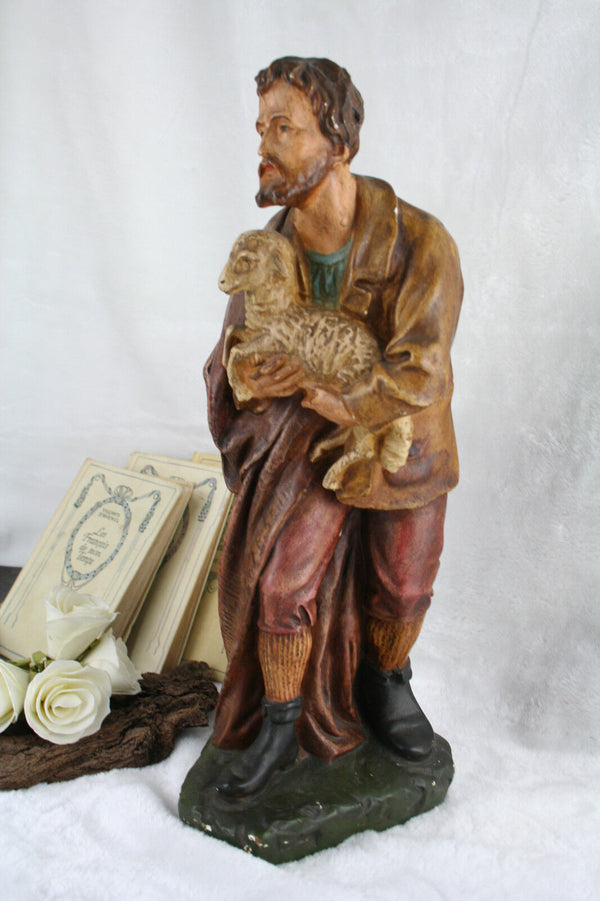 French XL antique saint statue religious 1900 Plaster polychrome marked