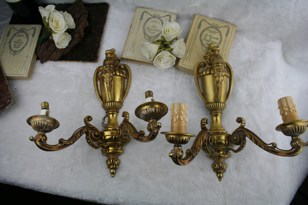 PAIR antique FRENCH bronze gold gilt wall lights sconces satyr devil heads 1925