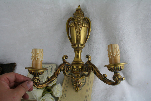 PAIR antique FRENCH bronze gold gilt wall lights sconces satyr devil heads 1925