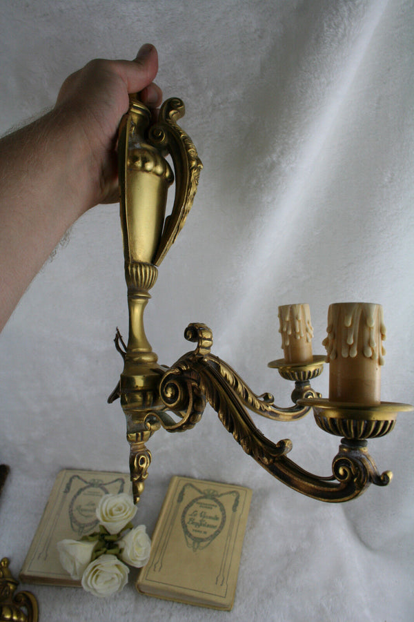 PAIR antique FRENCH bronze gold gilt wall lights sconces satyr devil heads 1925