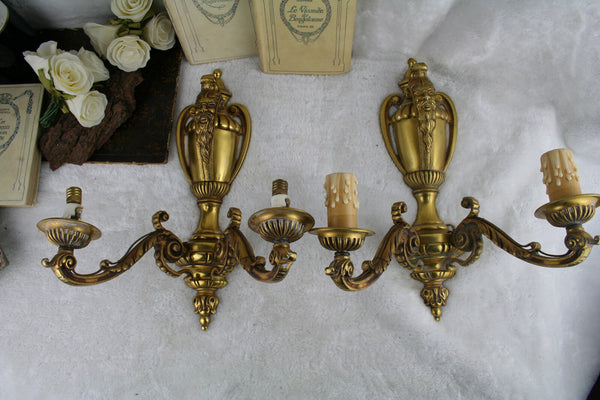 PAIR antique FRENCH bronze gold gilt wall lights sconces satyr devil heads 1925