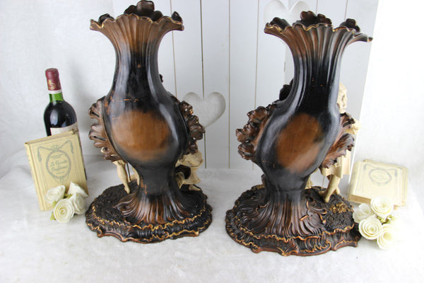 HUGE Antique PAIR terracotta Sheperd Figurines couple VASES marked 19th c rare