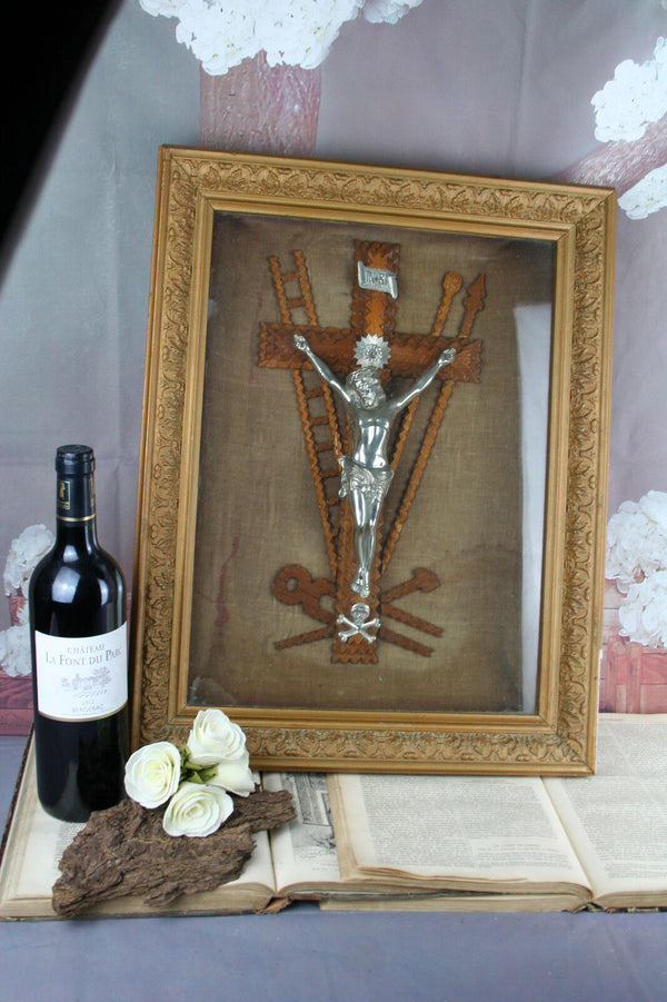 Large religious Crucifix tramp art wood carved Wall framed behind glass christ