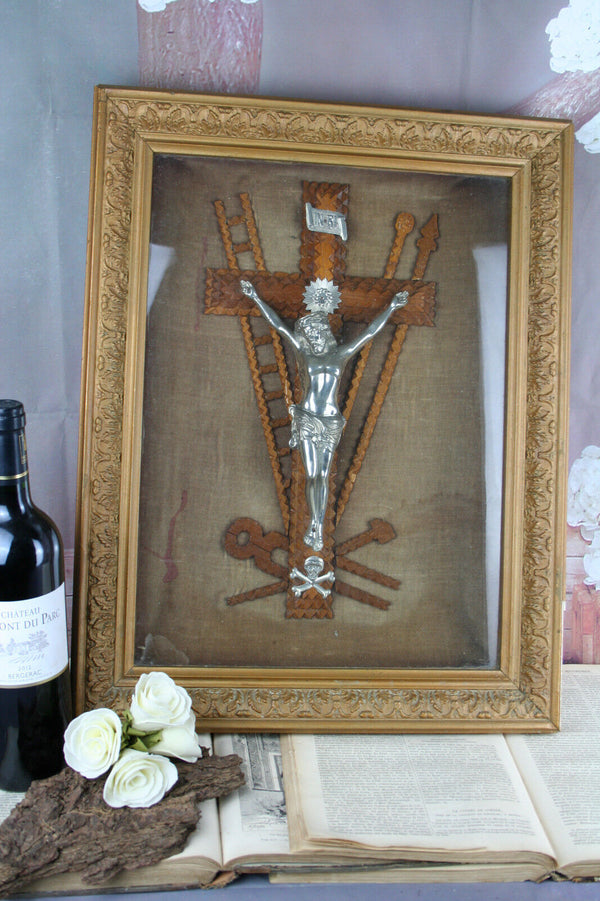 Large religious Crucifix tramp art wood carved Wall framed behind glass christ