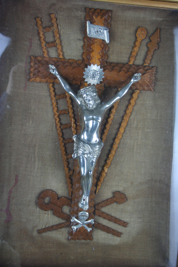 Large religious Crucifix tramp art wood carved Wall framed behind glass christ