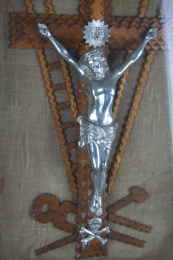 Large religious Crucifix tramp art wood carved Wall framed behind glass christ