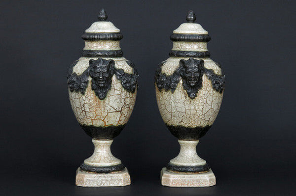 PAIR XL ceramic Faience craquele VASES satyr devil heads 1930 French