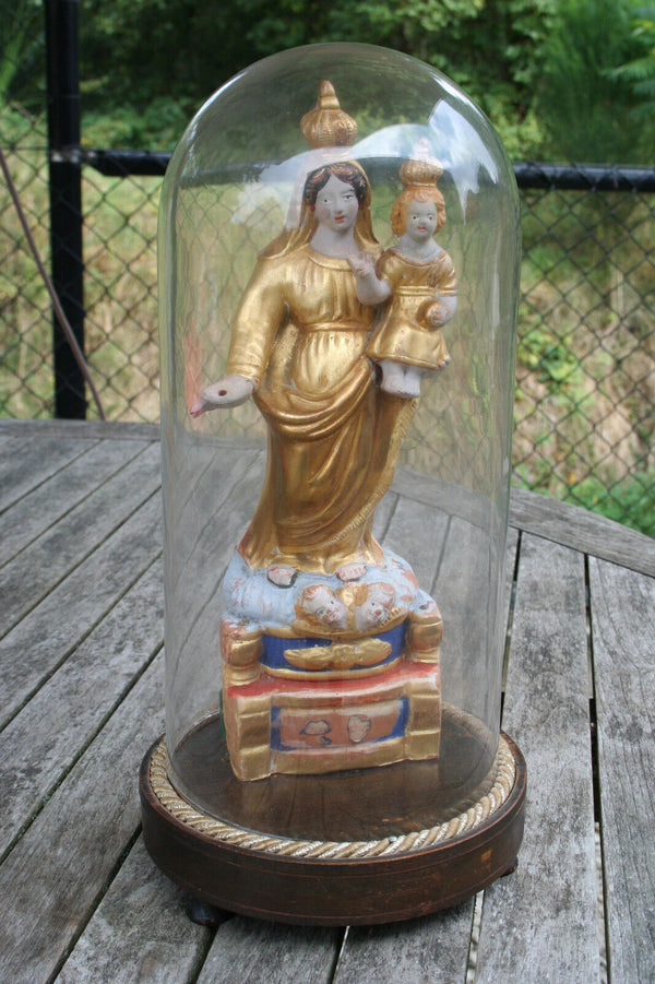 French rare polychrome 19thc Religious terracotta madonna statue glass dome