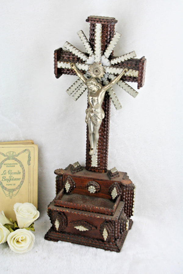 Flemish Tramp art handmade wood cigar box carved crucifix cross christ religious