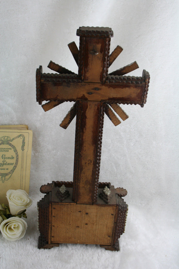 Flemish Tramp art handmade wood cigar box carved crucifix cross christ religious